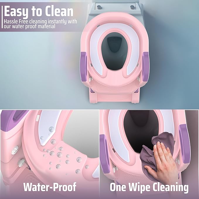 3-in-1 Toddler Potty Training Toilet with Ladder, Easy Assembly, Collapsible Potty Training Seat, Anti-slip Foldable Toddler Toilet Seat with Adjustable Step Stool For Kids Boys And Girls (Pink)