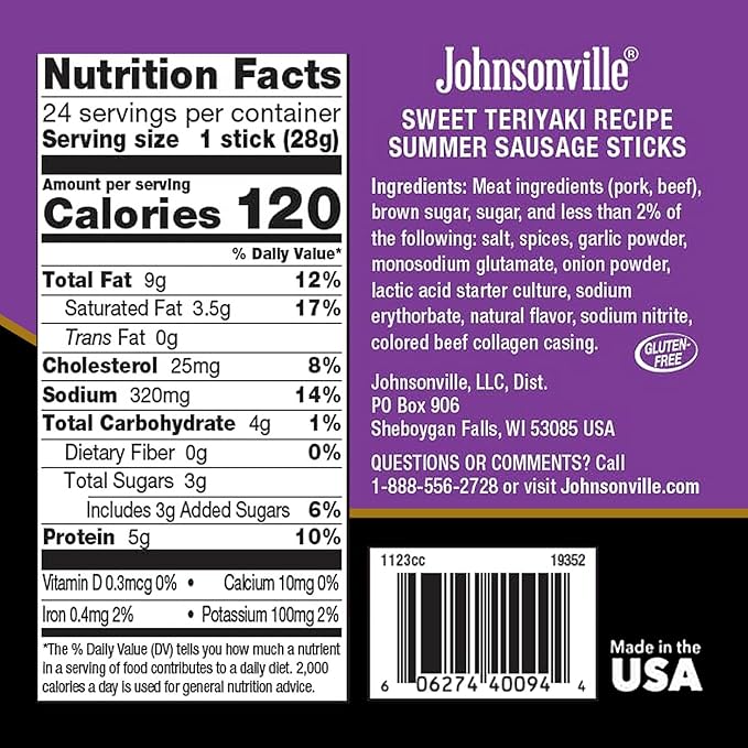 Johnsonville Summer Sausage Snack Sticks - Dairy Free, Gluten Free Protein Snacks, Jerky Snack Packs - Sweet Teriyaki, 1 oz., 24-Pack