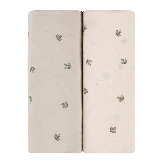 Ely’s & Co. Bassinet Sheets, Baby Boy/Girl Fitted Bassinet Mattress Sheet Set - 2 Pack, 100% Jersey Knit Cotton, fits Oval, Hourglass and Rectangle Mattress, Sage Vintage Leaf Collection, 32”x16”x3”