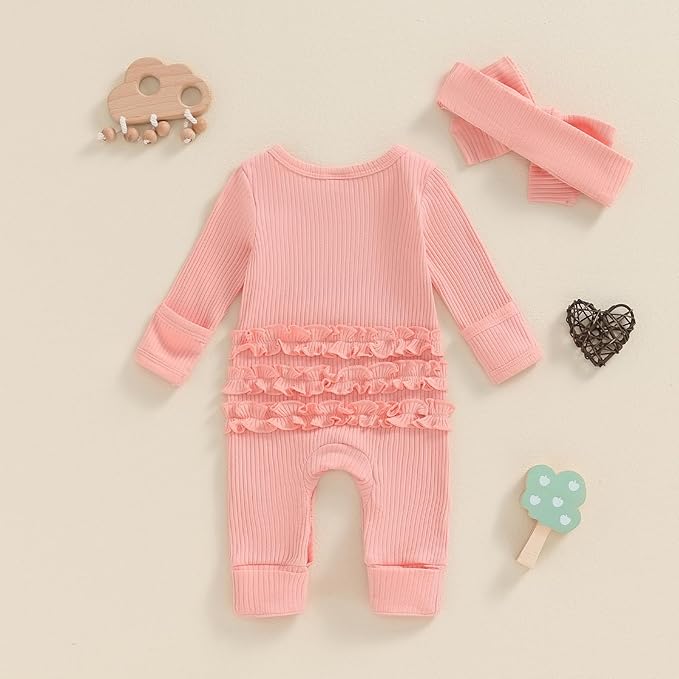 Newborn Girl Clothes Baby Girl Coming Home Outfit Zipper One-piece Outfits Ruffle Footie Bodysuit Jumpsuit Headband