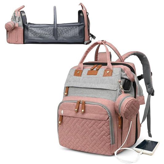 Baby Diaper Bags with Changing Station, Waterproof Diaper Bag Backpack for Moms Dads with USB Charging Port, Baby Shower Gifts, Large Capacity diaper backpack, Grey Pink