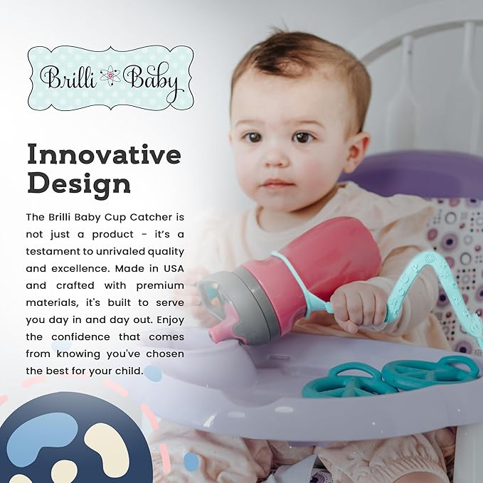 Brilli Baby Cup Catcher Patented Safety Tether Strap, Attach Sippy Cups, Bottles, Pacifiers & More to Stroller, High Chair, Car Seat, Made in USA, Food Grade, Dishwasher Safe (Navy & Lime)