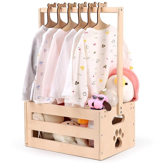 Wooden Baby Shower Crate Closet, Baby Basket with Handle Baby Storage Crate Hamper, Baby Welcome Gifts with 6 Pieces Teddy Bear Wooden Hangers, Baby Personailzed Basket for Pregnancy New Parent