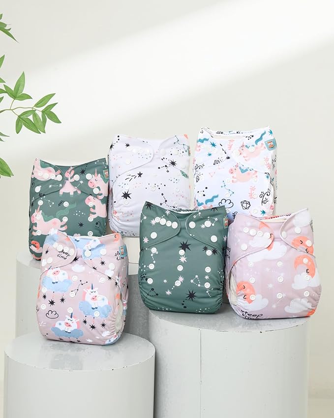 ALVABABY Baby Cloth Diaper 6 Pack with 12 Inserts One Size Cloth Diaper Covers Adjustable Washable Reusable for Baby Girls and Boys 6DM124