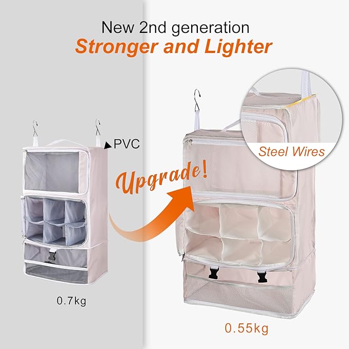 TABITORA Travel Portable Hanging Shelves Closet Organizer Packing Luggage Storage with Multifunctional and Foldable Invisible Compartment,Lightweight, for Suitcase, RV,Closet…Pink,XL
