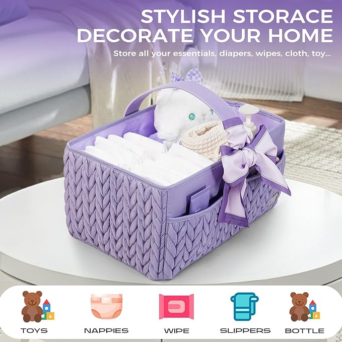Luxurious Baby Diaper Caddy, Nursery Storage Basket for Newborn Boy and Girl, Travel Baby Basket for Diapers Baby Wipes, Organizer Tote Bag Storage Bin, Baby Shower Gifts (purple)