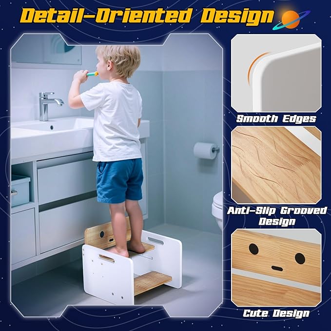 COSYLAND Wooden Toddlers Step Stool - Adjustable Height 2 Step Stools Holds Up to 200 Lbs - Robot Shaped Bathroom Stepping Stool with Non-Slip Surface and Carry Handle (Natural & White)