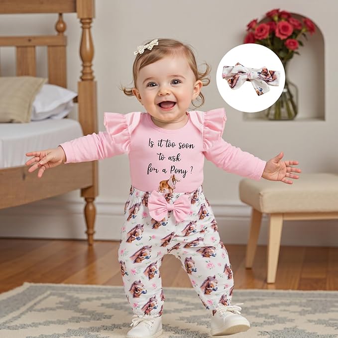 Fernvia Western Newborn Baby Girl Clothes Long Sleeve Letter Print Romper Animal Print Pants Headband 3Pcs Outfits Sets