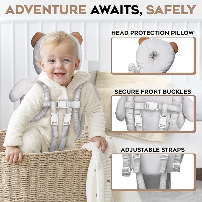 Little Family Baby Head Protector Backpack, Non-Toxic Hypoallergenic Toddler Backpack Head Protection, Full Head Coverage, Head Protection for Falling, Secure, Durable, Bear (Grey)
