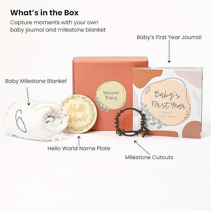 Baby Memory Book Gift Set and First Year Journal (0–5 Yrs), Milestone Blanket, Monthly Markers & Birth Announcement Sign Gender Neutral Baby Gift for Baby Showers