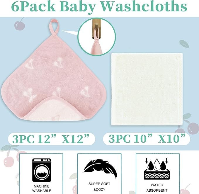 VOOVA & MOVAS 6 Pack 100% Cotton Baby Washcloths | 12x12 Inches | Highly Absorbent | Ultra-Soft Newborn Towels | Perfect Set,Baby Essentials | Jacquard Cherry & Ivory Colors