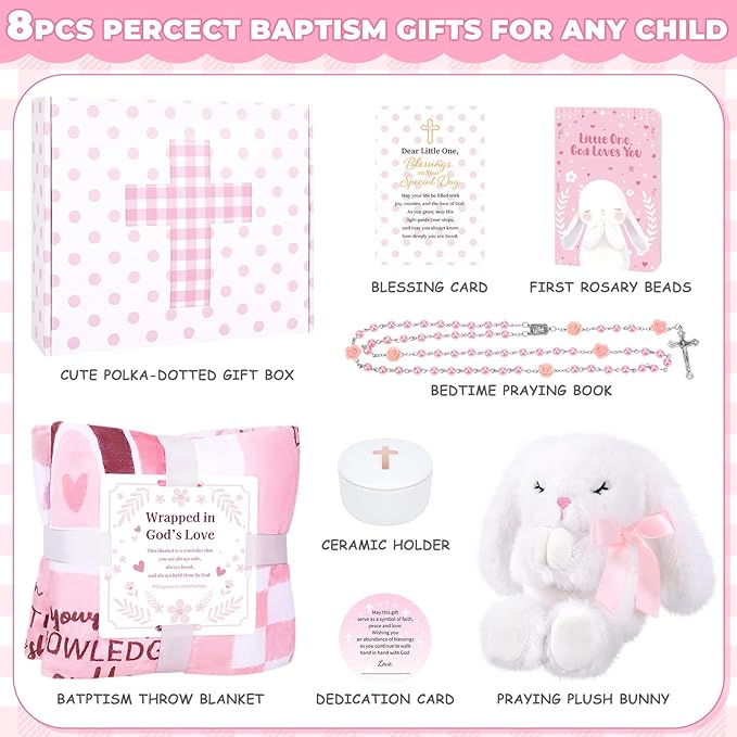 Baptism Gifts for Girl, Christening Gift Set for Baby Girls, Baby Dedication Gift, Includes Bunny Stuffed Animal, First Rosary Beads, Prayer Book, Keepsake Blanket, Catholic Baptism Gift Basket
