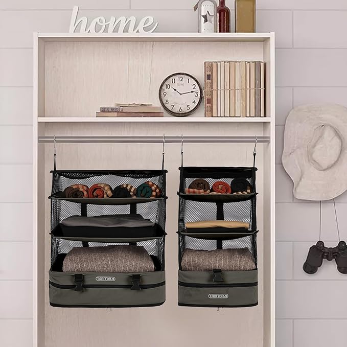 TABITORA Portable Hanging Travel Shelves Bag Packing Cube Organizer Suitcase Storage Large Capacity (Taupe XL)