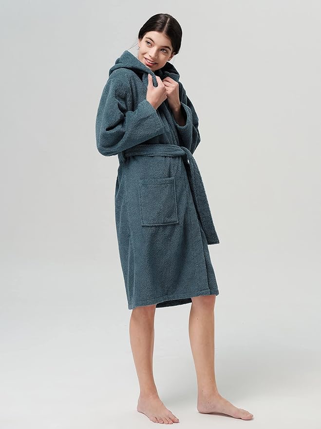 SIORO Womens Hooded Terry Cloth Robe, Cotton Absorbent Knee-Length Bathrobe, Housecoat with Pockets for Spa & Shower