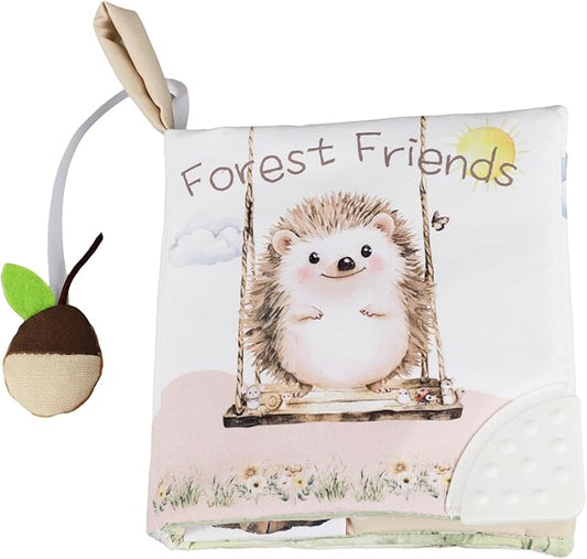 Ali+Oli Baby Cloth Book – Soft Sensory Crinkle Book with Teether for Infants 0-12 Months – Early Learning Touch & Feel Tummy Time Toy – Newborn Shower Gift for Boys & Girls - Forest Friends