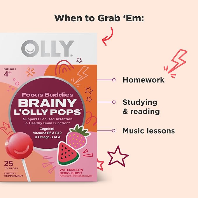 OLLY Focus Buddies L’OLLY Pops, Cognizin, Vitamins B6 and B12, Omega-3 ALA, Supports Focused Attention and Healthy Brain Function,* Kids 4+ Dietary Supplement, Watermelon Strawberry Flavored, 25 Count
