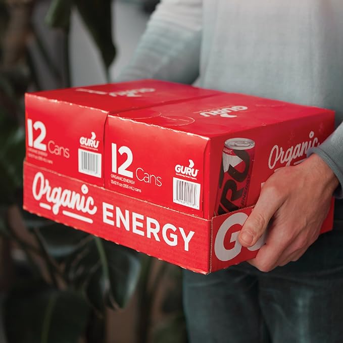 GURU Original Organic Energy Drinks, Clean Energy Drink with Plant Based Natural Caffeine from Green Tea, Gluten Free and Vegan, 140MG Caffeine, Healthy Drinks, 12oz (Pack of 24)