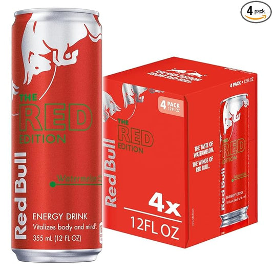 Red Bull Red Edition Energy Drink, Watermelon, with 114mg Caffeine plus Taurine & B Vitamins, 12 Fl Oz, Pack of 4 Cans