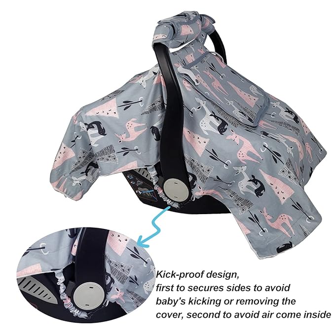 ICOPUCA Car Seat Covers for Babies Unisex Newborn, Carseat Cover Girls/boy with Handle Cushion, Suit Spring Autumn Winter, Deer, Cotton & White Minky;