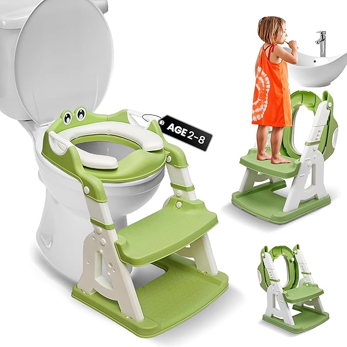 Potty Training Seat & Step Stool – Safe Triangular Frame, 5 Height Levels, Soft Cushion, Anti-Slip Design, Foldable 2-in-1 Toilet Trainer for Toddlers