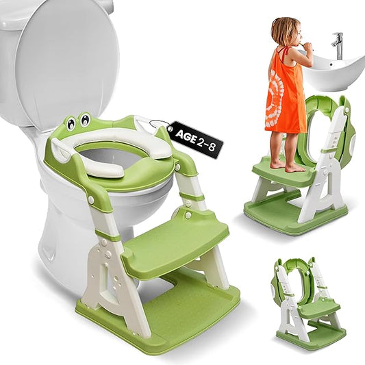 Potty Training Seat & Step Stool – Safe Triangular Frame, 5 Height Levels, Soft Cushion, Anti-Slip Design, Foldable 2-in-1 Toilet Trainer for Toddlers