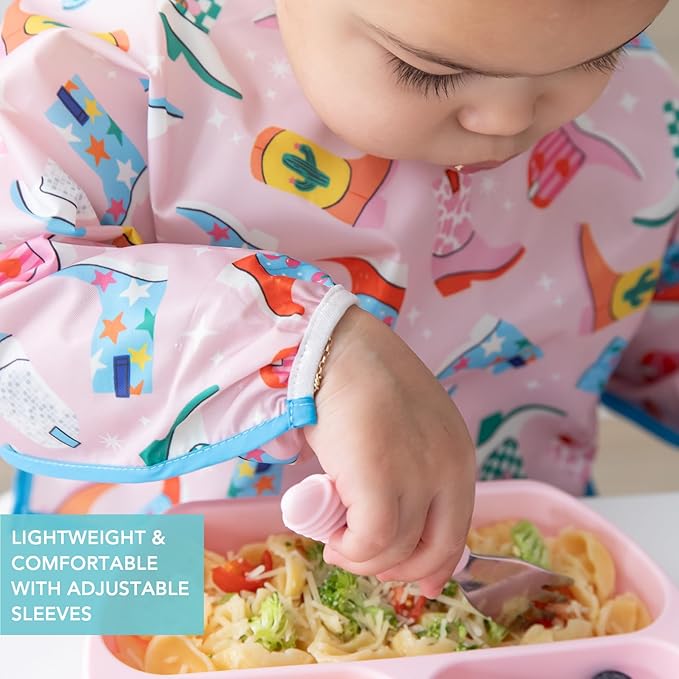 Bumkins Sleeved Baby Bib – Long Sleeve Waterproof Fabric Feeding Smock with Crumb Catcher Pocket, Adjustable Toddler Apron for Baby Led Weaning, Comfortable for Ages 6–24 Months, Cowgirl Boots 2-pack