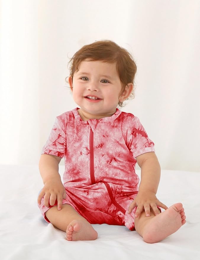 Jimonda Baby Girl Boys Rayon From Bamboo Pajamas 3 Pack Short Sleeve Footless Romper 2 Way Zipper Tie Dye Pjs Sleeper 0-24M