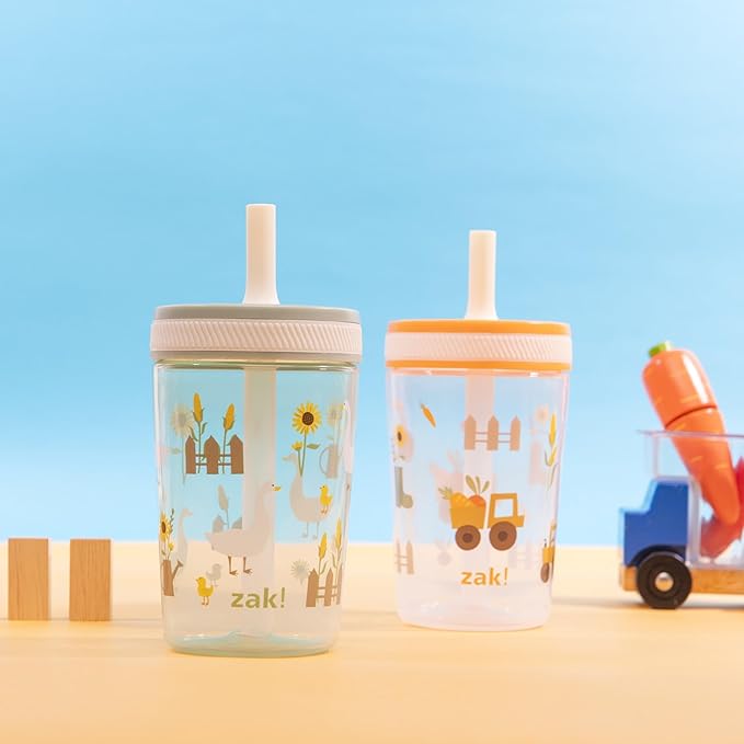 Zak Designs Kelso Toddler Cups For Travel or At Home, 15oz 2-Pack Durable Plastic Sippy Cups With Leak-Proof Design is Perfect For Kids (Silly Goose, Harvest)