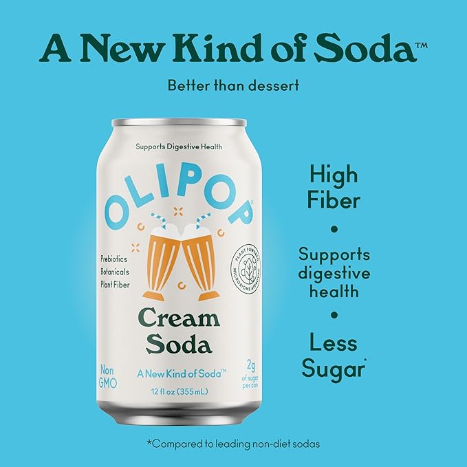 OLIPOP Prebiotic Soda Pop, Cream Soda, Pantry Pack Packed with Prebiotics, Fiber, and Botanicals, Gluten Free, Vegan, GMO Free, 12oz (12-Cans)