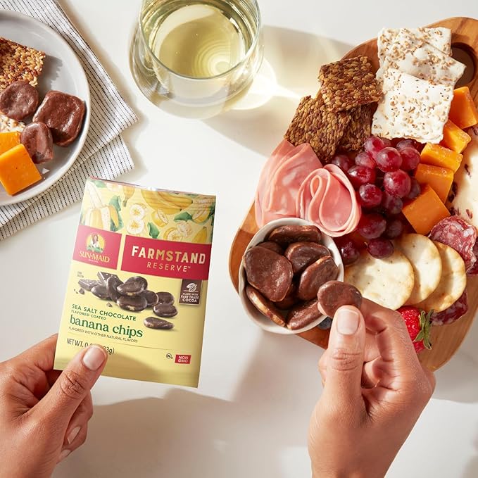 Sun-Maid Farmstand Reserve 24 Count Variety Pack - 0.8 oz Snack Bag – (12) Sea Salt Cocoa & Caramel Dusted Raisins + (12) Sea Salt Chocolate Coated Banana Chips (Amazon Exclusive)