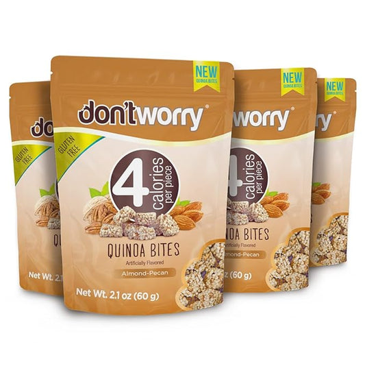 Don't Worry Chocolate Quinoa Crisps | Healthy Low Calorie Keto Snacks with Puffed Quinoa & Almond Pecan | Gluten Free & High Protein Crispy Bites | Only 4 Calories Each – 4 Pack