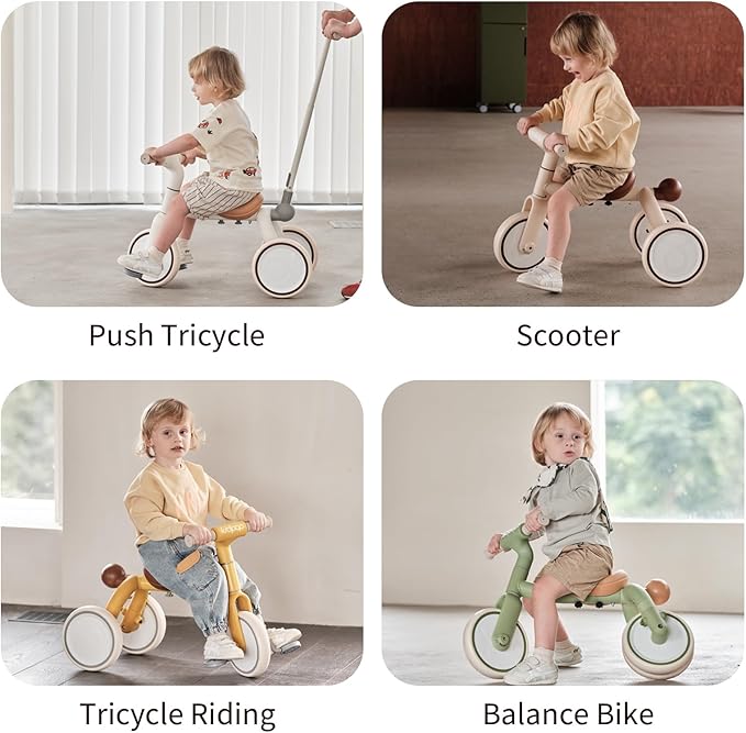 4-in-1 Toddler Tricycle with Adjustable Push Handle for 1-4 Year Old,Birthday Gift and Toy for Boys and Girls Removable Pedals Balance Bike&Scooter (White)