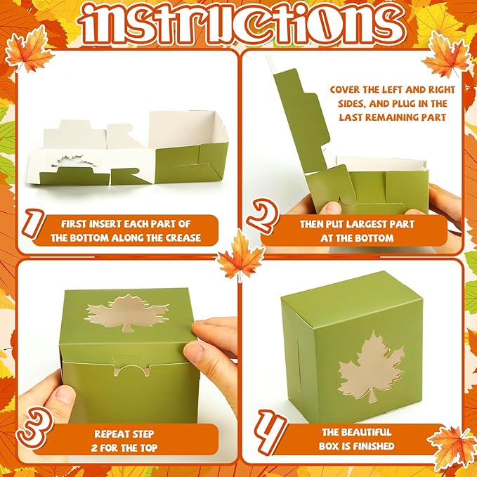 Dispowreath 24 Pcs Fall Treat Boxes Fall Cardboard Box with Maple Leaf Shape Window Autumn Thanksgiving Bakery Box Thanksgiving Paper Gift Container for Cookie Goodie Candy Party Favors