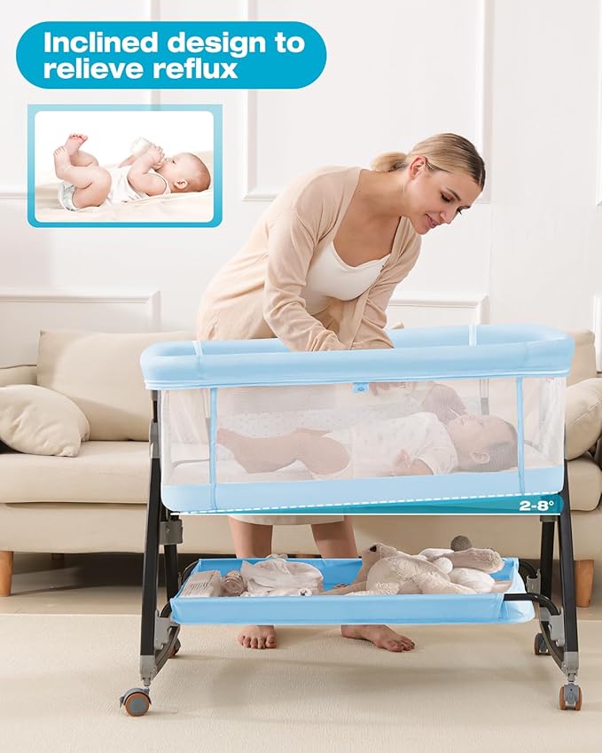 3 in 1 Baby Bassinet, Bedside Crib with Breathable Mesh, Bassinet Bedside Sleeper with Wheels, Mosquito Net, Storage Basket, 6 Height Adjustable, Easy to Fold, Dark Black