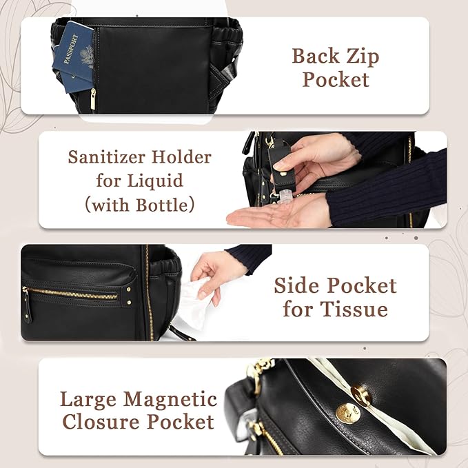 miss fong Small Diaper Bag Mini Diaper Bag Backpack Mini Backpack with 11 Pockets Baby Diaper Bag with Hand Sanitizer Holder, 2 Insulated Pockets-BALCK