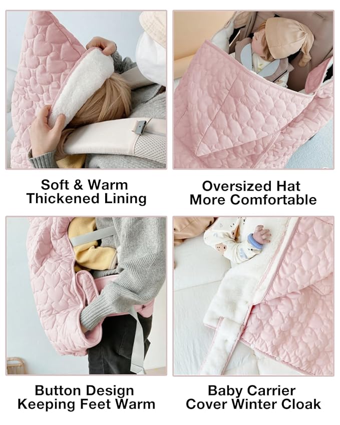 Winter Baby Carrier Cover Stroller Cover -Warm Thicker Hooded Stretchy Cloak Hooded Reversible, Cloak Kangaroo Hoodie for Mom Baby, Suit for All Seasons-Light Pink
