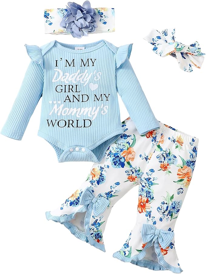 SUNNY PIGGY Newborn Baby Girl Clothes Infant Outfits Romper Floral Fall Outfit Bell Bottoms Pant Sets Hat Headband Flowerpant