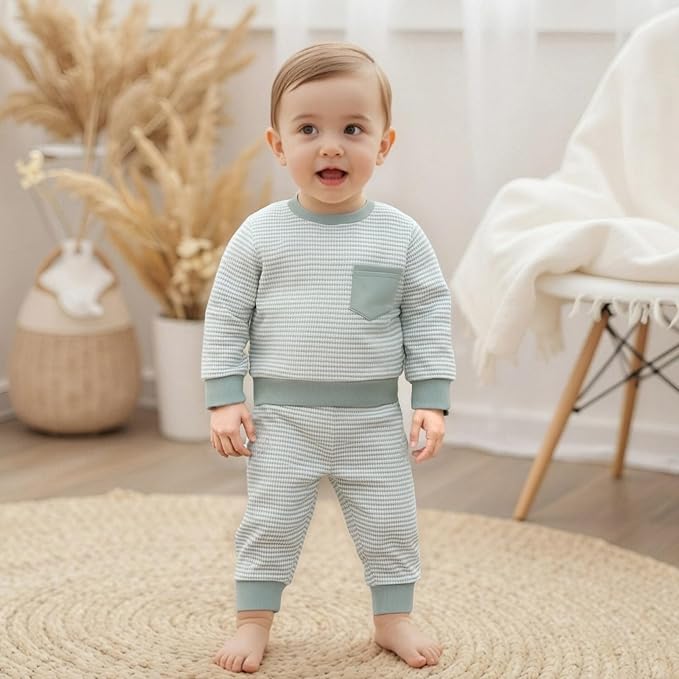 Baby Boy Toddler Fall Outfit Striped Sweatshirt Toddler Boy Winter Waffle Clothes 3 6 12 18 Months 2 3 T Pant Set