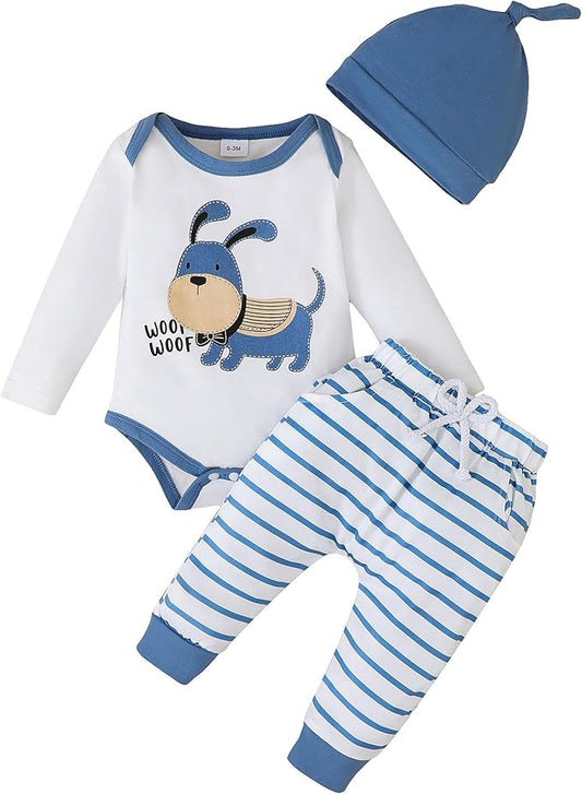 SUNNY PIGGY Baby Boy Clothes Newborn Infant Boys Outfits Romper Hat Pants 3PC Set 0-3 3-6 6-12 12-18 Month Clothing Gift