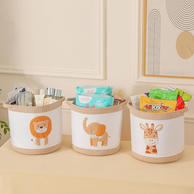 3-Piece Woven Baby Toy Baskets Laundry Hampers, Foldable Nursery Organizer for Toys Clothes Stuffed Animals, Roomy Sturdy Hampers for Baby Gift Nursery Decor Baskets Lion/Giraffe/Elephant Design