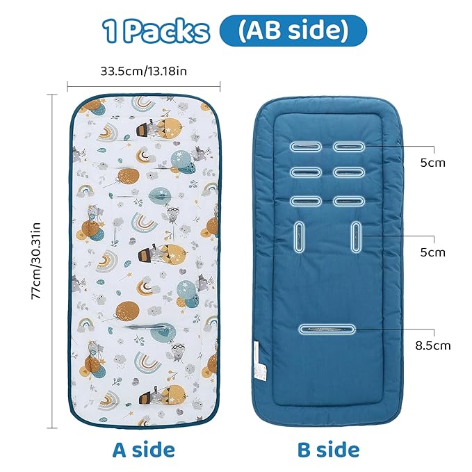 Baby Stroller Cushion,Infant Car Seat Insert-Reversible Universal Breathable and Soft Newborn Stroller Mat,100% Cotton Cover Toddler Seat Pad Liner-34x78cm,1 Pack(Rainbow Balloon+Blue)
