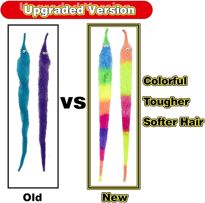 10 PCS Rainbow Fuzzy Worms On String Bulk Trick Toy Party Favors for Kid Cat ，Fuzzy Worm Toys String Pets