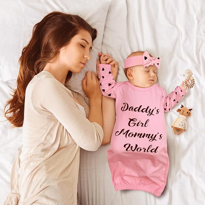 Newborn Baby Girl Gown 0-6 Months, Baby Girl Nightgowns, Babies Girls Gift, Little Sister Newborn Outfit and Coming Home Outfits with Headband Set Pink