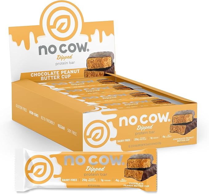 No Cow High Protein Bars, Chocolate Peanut Butter Cup - Healthy Snacks, 20g Vegan Protein, High Fiber, Low Sugar, Keto Friendly, Dairy & Gluten Free (12 Count)