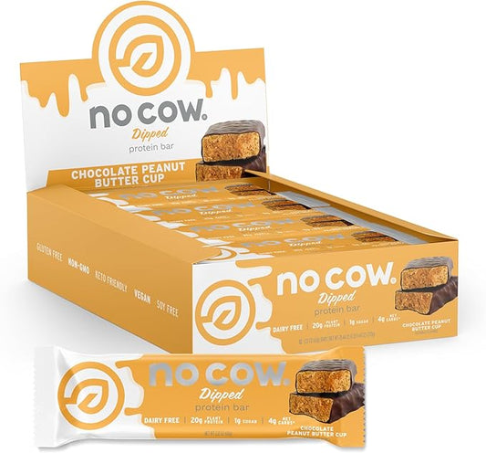 No Cow High Protein Bars, Chocolate Peanut Butter Cup - Healthy Snacks, 20g Vegan Protein, High Fiber, Low Sugar, Keto Friendly, Dairy & Gluten Free (12 Count)