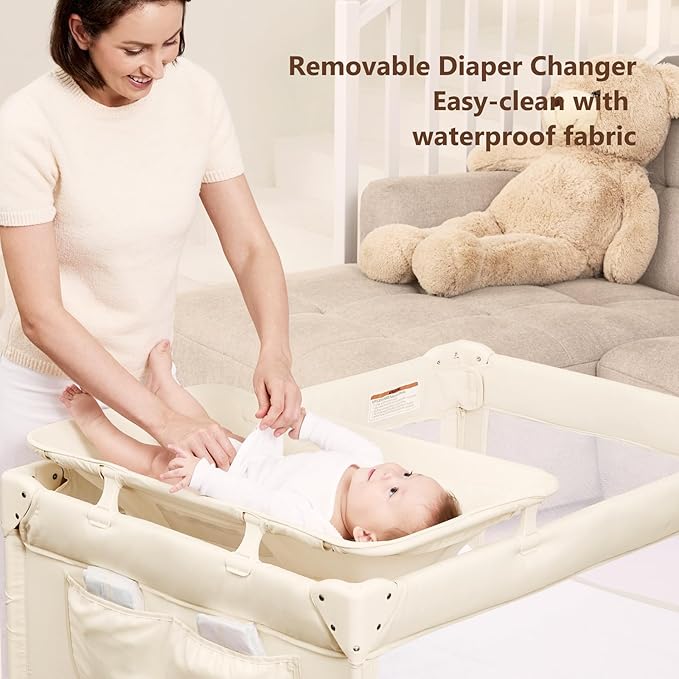 ANGELBLISS Baby Bassinet Bedside Crib, Pack and Play with Mattress, Diaper Changer, One-Push Setup Playards from Infants to Toddlers (Beige)