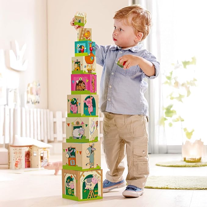 HABA On The Farm Stacking & Nesting Cubes – 10-Piece Montessori Toys for Toddlers, Award-Winning Educational Stacking Toy & Farm-Themed Blocks