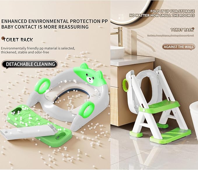 PandaEar Toilet Potty Training Seat with Step Stool Ladder, Comfortable Safe Potty Seat with Anti-Slip Pads Ladder & Bear Design for Kids Boys Toddlers -Green