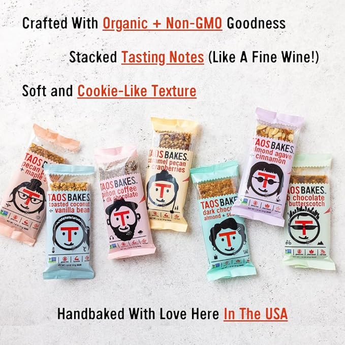 Taos Bakes - Snack Bars - Dark Chocolate Almond + Sea Salt - Protein Bars - 8g of Protein, High Fiber, Vegan, Gluten Free, & Non-GMO - Healthy Snacks for Adults & Kids - (12 Pack, 1.8oz Bars)