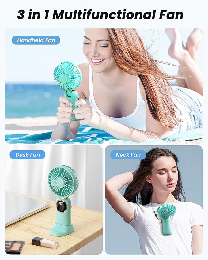 Portable Handheld Fan, 4000mAh Battery Operated Fan with LED Display, Handheld/Neck/Desk 3 in 1 Personal Small Fans, 90° Foldable Desk Fan with Base, 5 Speed Makeup Lash Fan for Women Green